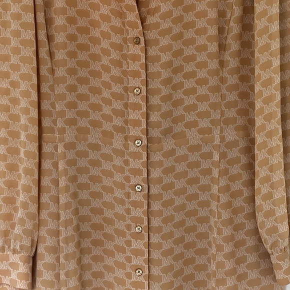 MICHAEL KORS Long Sleeve Button-Down Midi Dress in Tan & Gold - Picture 1 of 2